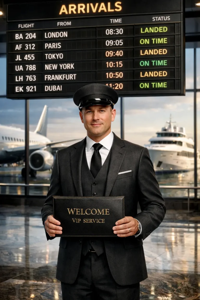 professional vip chauffeur in a business suit holding a welcome sign at the airport arrivals hall with a flight information board in the background.